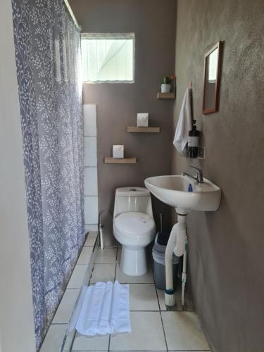 La salle de bains est pourvue de toilettes et d'un lavabo. dans l'établissement Cabinas Guayabón #4 La Fortuna Volcán Arenal, à Fortuna