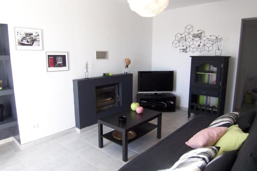 un salon avec un canapé et une cheminée dans l'établissement Appartement Chiola-Plage à pieds-clim, à Solaro