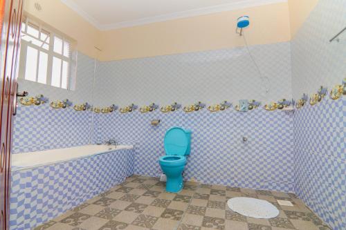 ナイバシャにあるCherry Homesのバスルーム(青いトイレ、バスタブ付)