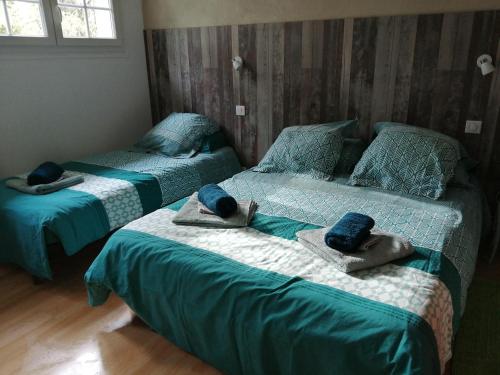 two beds in a room with towels on them at Aux Berges du Lac de Mondon in Mailhac-sur-Benaize