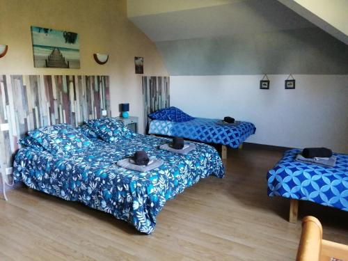 twee bedden in een kamer met blauwe lakens bij Aux Berges du Lac de Mondon in Mailhac-sur-Benaize