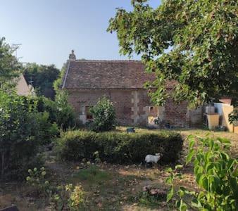 een kat staat voor een huis bij Studio du Mont des Ormes in Monchy-Humières