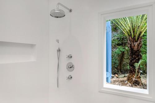 a bathroom with a shower with a window at Villa Shores 32 in Kralendijk