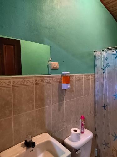 a bathroom with a sink and a toilet and a mirror at Ramaye Beach House in Paquera