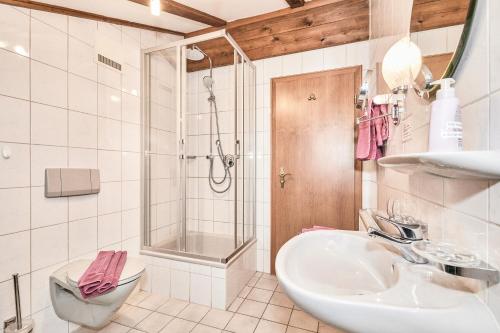 W łazience znajduje się umywalka, prysznic i toaleta. w obiekcie Haus Theresa w mieście Reit im Winkl
