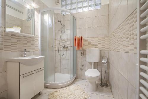 een badkamer met een douche, een toilet en een wastafel bij Apartmani Justić in Njivice