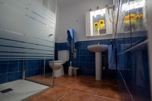 a blue tiled bathroom with a toilet and a sink at La Posada De Carmen in Níjar