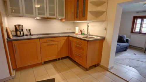a kitchen with wooden cabinets and a sink at Ferienwohnungen Elbjuwel in Rathen