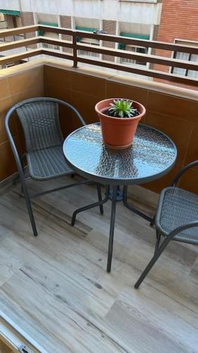 a table with a potted plant on a balcony at ACENI in Ciudad Real