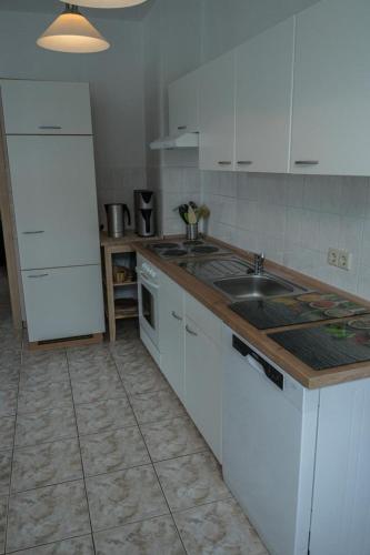 a kitchen with a sink and a white refrigerator at Ferienwohnung Otto in Klingenthal