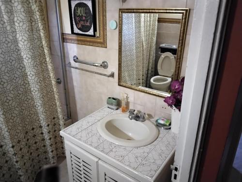 ein Bad mit einem Waschbecken und einem Spiegel in der Unterkunft Cozy Studio 1 in Kingston
