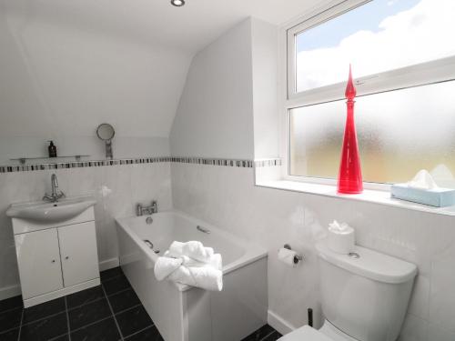 a bathroom with a toilet and a sink and a window at Butterchurn Apartment in Newcastle upon Tyne