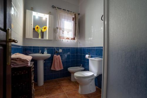 a blue tiled bathroom with a toilet and a sink at La Posada De Carmen in Níjar