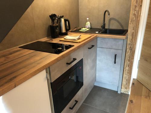 a small kitchen with a stove and a sink at Filder-Appartements in Filderstadt