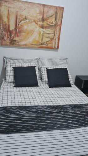 a bed with two pillows and a painting on the wall at HOSTEL SANTOS PRAIA in Santos