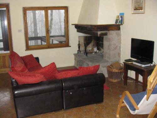 a living room with a couch and a fireplace at Casa nel bosco alle Macinaie in Monte Amiata