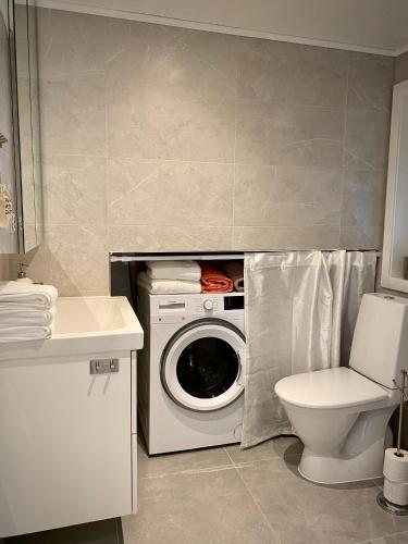 a bathroom with a washing machine and a toilet at Orres Guesthouse Stenhamra, Ekerö in Stenhamra