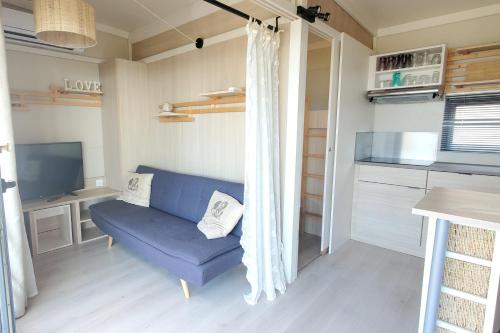 een woonkamer met een blauwe bank en een tv bij Bright cocoon with pool and sea view in Saint-Raphaël