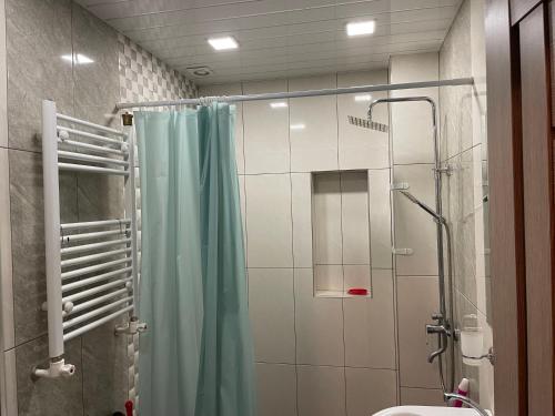 a bathroom with a shower with a blue shower curtain at The Nest JERMUK in Jermuk