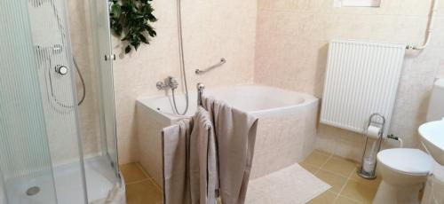 a bathroom with a tub and a shower and a toilet at Új Lilla Apartman in Keszthely