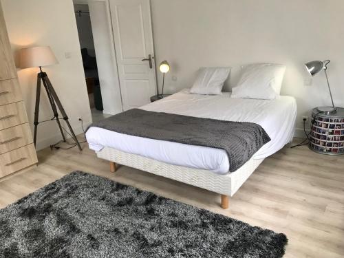 sypialnia z dużym białym łóżkiem z dywanem w obiekcie Gîte plain-Pied avec jardin du Centre Alsace w mieście Ebersheim
