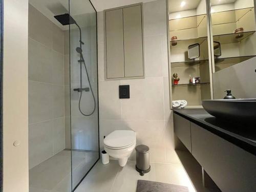 a bathroom with a shower and a toilet and a sink at New Chic & Minimal Old Town Flat in Kuressaare