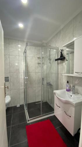 a bathroom with a shower and a sink and a red rug at Kaş Centre - The Rush Apart-2 in Kaş