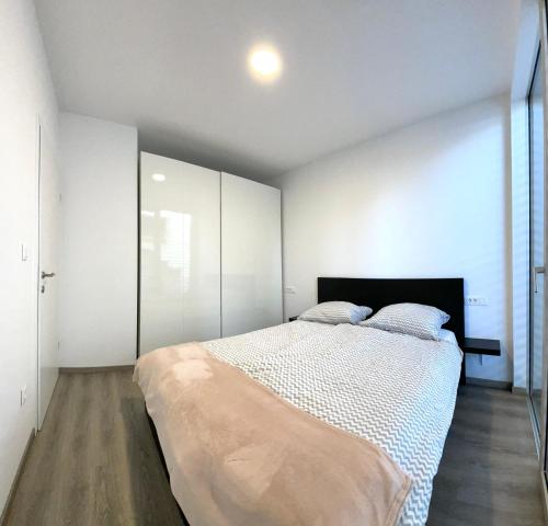 a bedroom with a large bed with white cabinets at Tea Apartment in Ljubljana