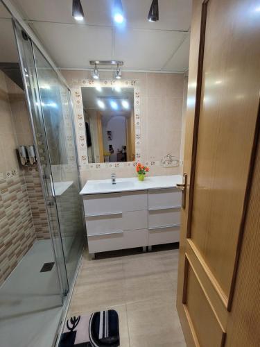 uma casa de banho com um lavatório, um chuveiro e um espelho. em Palmerita 5 em Mar de Cristal