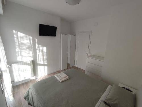 ein Schlafzimmer mit einem Bett und einem TV an der Wand in der Unterkunft Beach House Garden, 300m dal mare, wifi, bici, giardino privato, clima in Marina di Massa