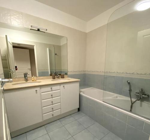 a bathroom with a tub and a sink and a mirror at free parking, 2min walk to Monaco, 2 rooms, 100 mq in Beausoleil