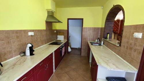 a kitchen with yellow walls and wooden counter tops at Vascsacsi Nyaraló in Orosháza