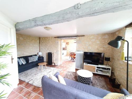 a living room with a blue couch and a tv at Le Mas Réolais in Saint-Sève