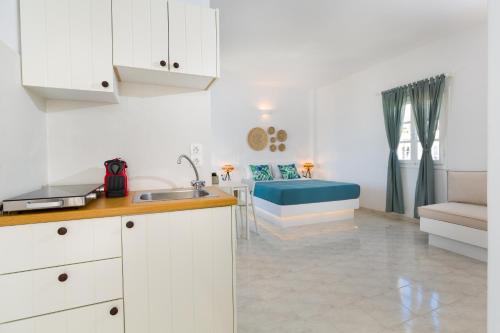 uma cozinha com um lavatório e um sofá num quarto em La Mer Seaside Apartments em Drios