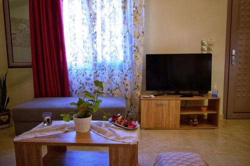 a living room with a television and a table at Dolphins House in Lixouri