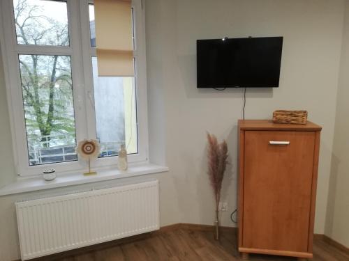Zimmer mit einem TV, einem Heizkörper und einem Fenster in der Unterkunft Mieszkanie na Mazurach in Giżycko