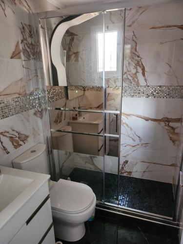 een badkamer met een douche, een toilet en een wastafel bij Residencia Simona in Torrevieja