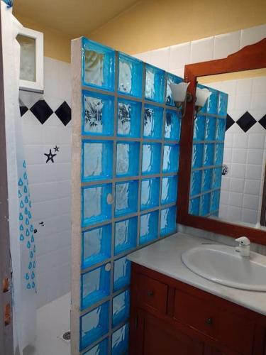 une salle de bain avec un lavabo et un miroir dans l'établissement Petite maison bord et vue mer, 55 m2, à Martigues