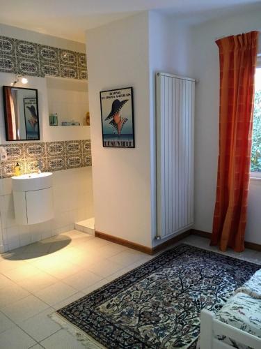 La salle de bains est pourvue d'une douche, d'un lavabo et d'un tapis. dans l'établissement La Taniere, piscine et 300m de la mer, à Saint-Georges-dʼOléron