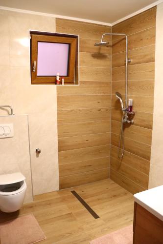 a bathroom with a toilet and a television on the wall at Agroturizam OPG Jakopović in Čaglin