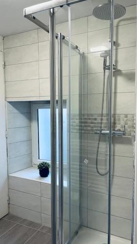 La salle de bains est pourvue d'une douche en verre et d'une fenêtre. dans l'établissement Jolie appartement 2 chambres 65m2 au centre ville, à Fontenay-le-Comte