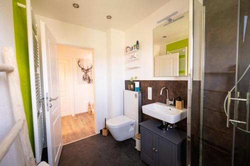 uma casa de banho com um WC e um lavatório em Ferienhaus Scheid em Bremm