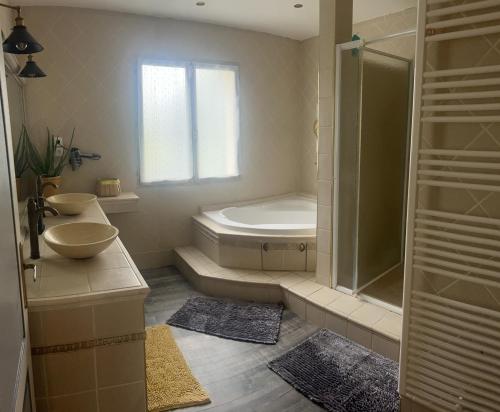 ein Bad mit einer Badewanne, einem Waschbecken und einer Dusche in der Unterkunft La Palmeraie in Saint-Père