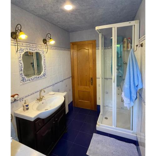 a bathroom with a sink and a shower at La Casina de Iris in Cudillero
