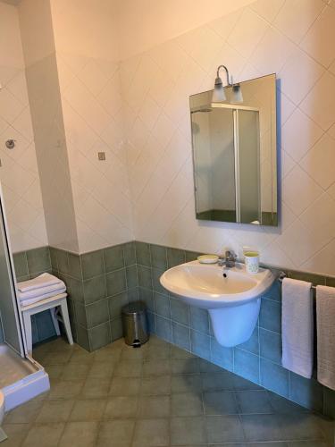 een badkamer met een wastafel en een spiegel bij GREEN APARTMENT in VILLA ANGISI in Drapia