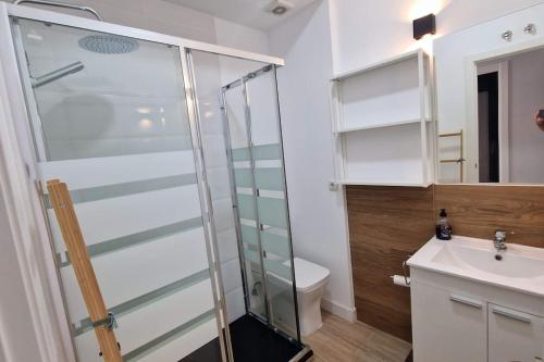 y baño con ducha, aseo y lavamanos. en Loft en Madrid junto al metro., en Madrid