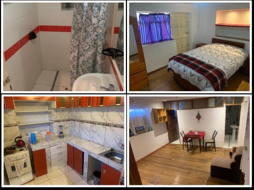 four different pictures of a kitchen and a bedroom at Summit Viewpoint House San Blas in Cusco