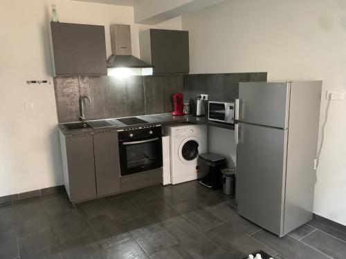a kitchen with a refrigerator and a washing machine at Appartement T 1bis in Saint-Geoire-en-Valdaine