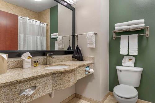 a bathroom with a toilet and a sink and a mirror at Best Western Plus Duncanville/Dallas in Duncanville