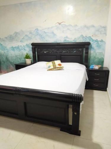 ein Schlafzimmer mit einem Bett und einem Gemälde an der Wand in der Unterkunft HABITACIÓN CERCA AL CENTRO DE SANTA MARTA in Santa Marta